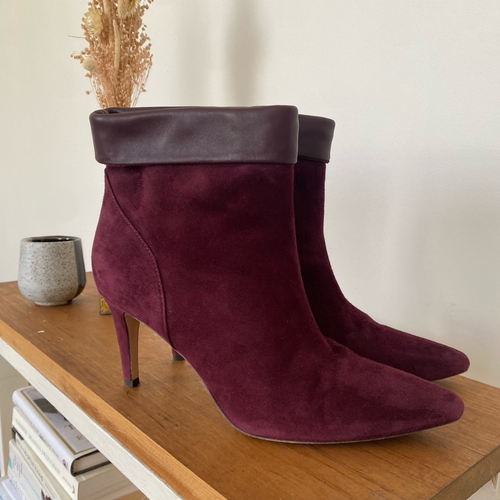 Via Spiga Giulia Mulberry suede pointed toe ankle booties